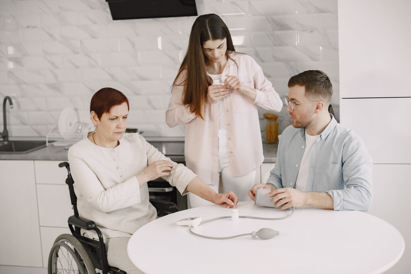 Family helping a senior relative at home